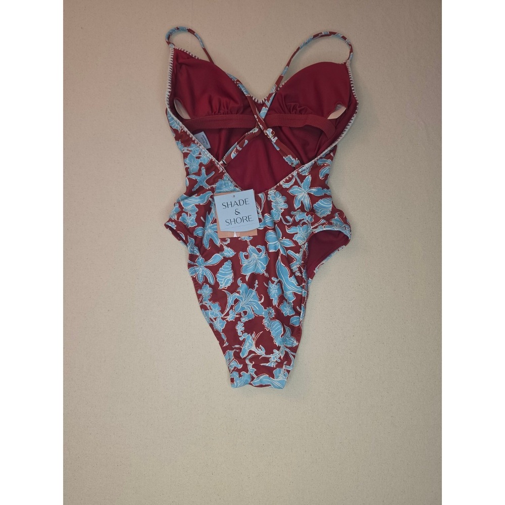 Shade & Shore Floral Print Plunge One Piece Swimsuit Red Large NWT - Picture 2 of 2